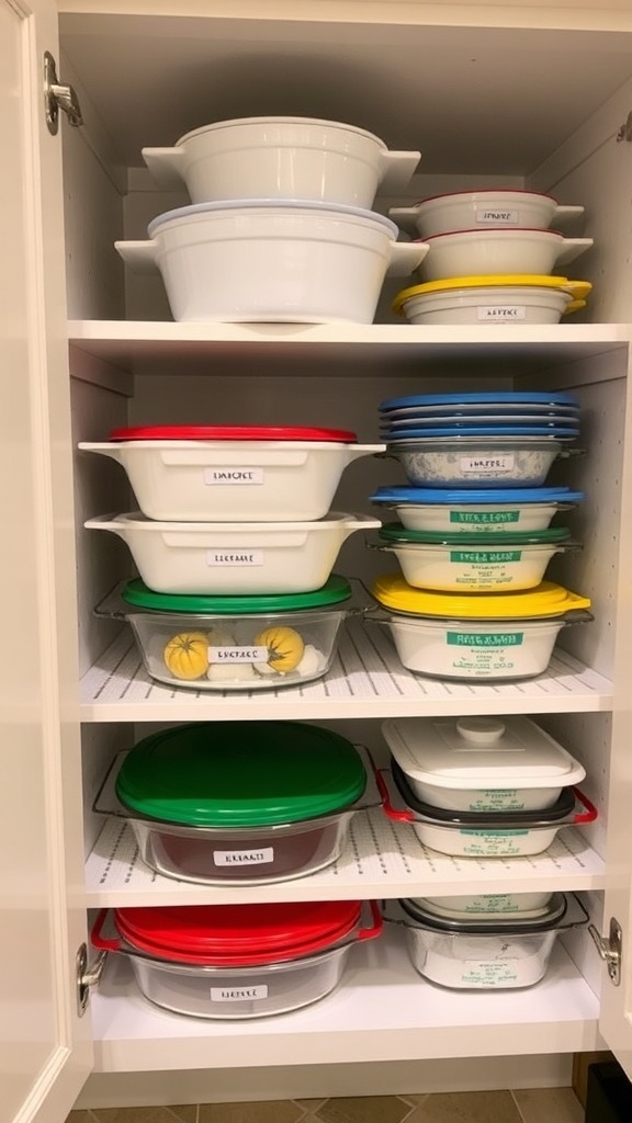 Organized kitchen cabinet with stacked casserole dishes and labeled shelves.